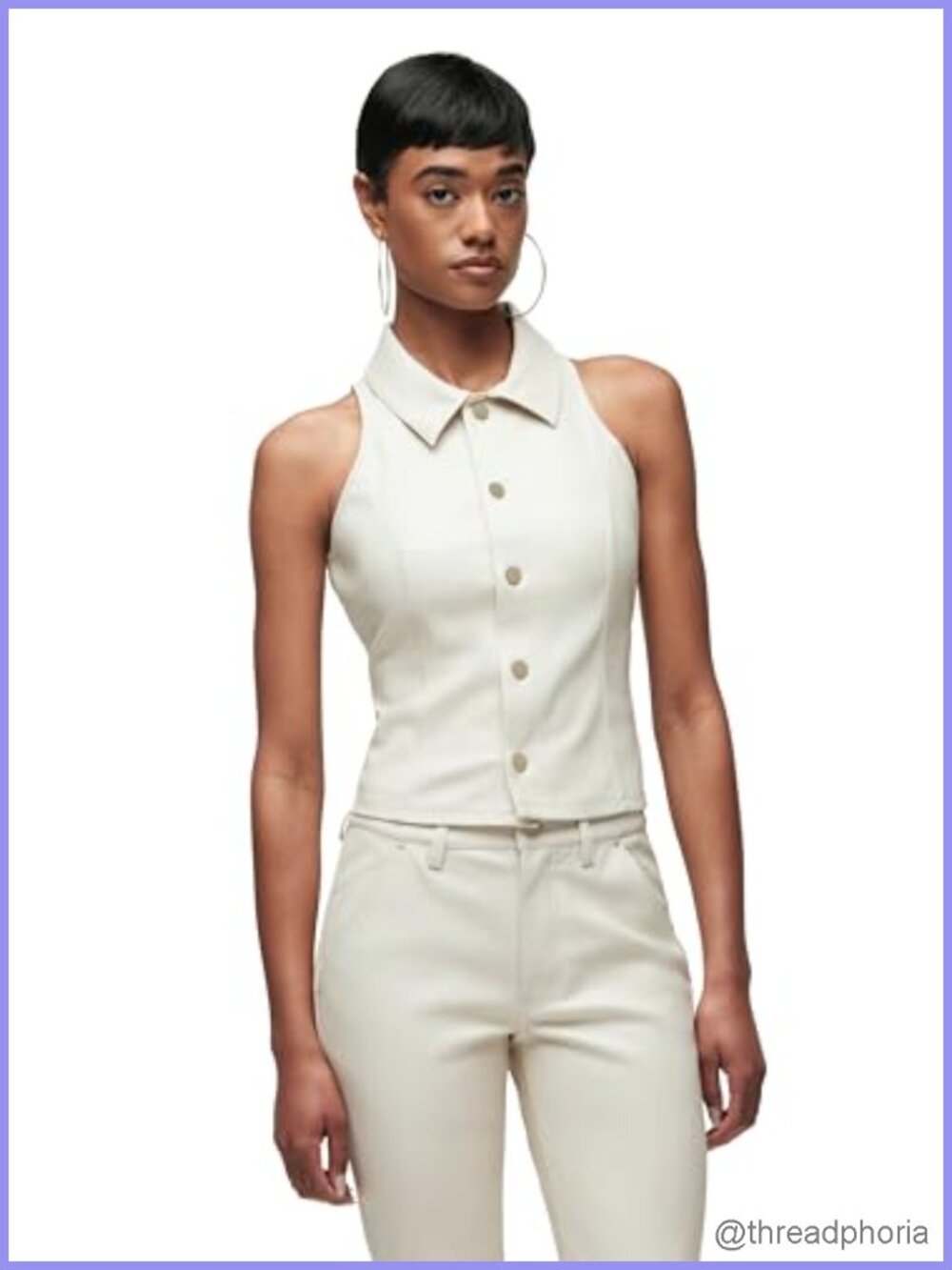 Vegan Leather Halter Vest with Pointed Collar and Button Front